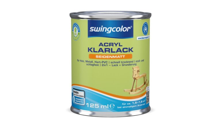 125 ml Dose swingcolor Acryl-Klarlack seidenmatt, wasserbasiert, geeignet für Holz, Metall und Hart-PVC, stoß- und schlagfest, schnell trocknend, als 2in1 Lack + Grundierung für Innen- und Außenbereich, mit „Blauer Engel“-Umweltzeichen.